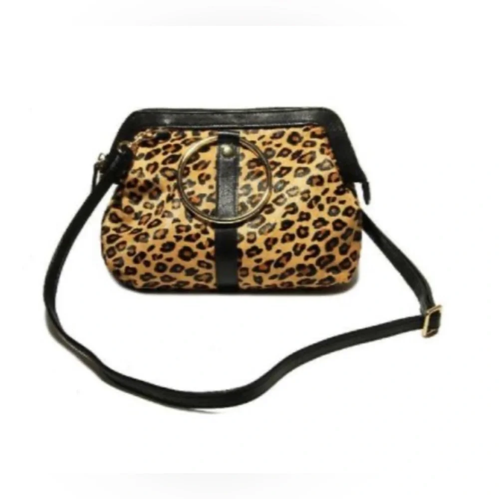 LAGGO Kiki Camel Dino Womens Animal Print Round Gold Handle Calf Hair Purse NEW